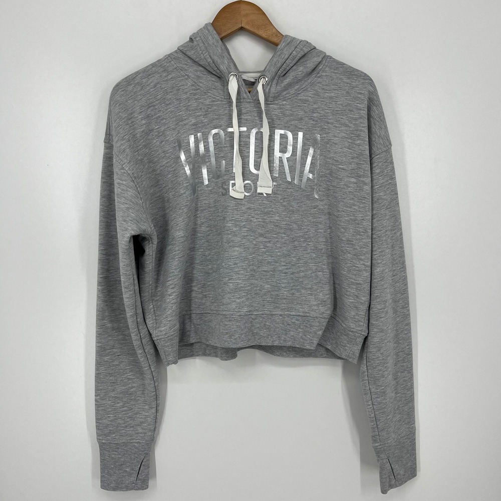 Victoria Sport Womens Large Gray Metallic Logo Cropped Hoodie Thumbholes